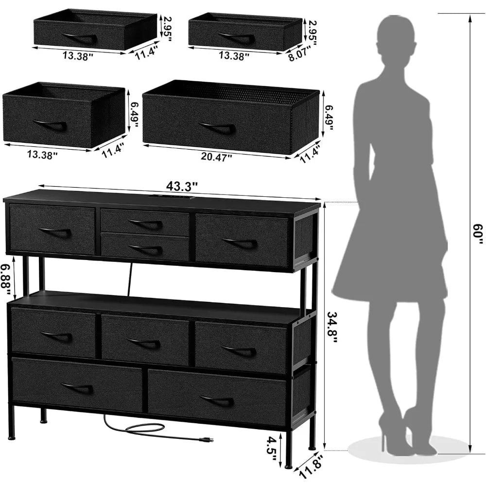 Dresser TV Stand with Charging Station LED Lights 55 Inch 9 Drawers