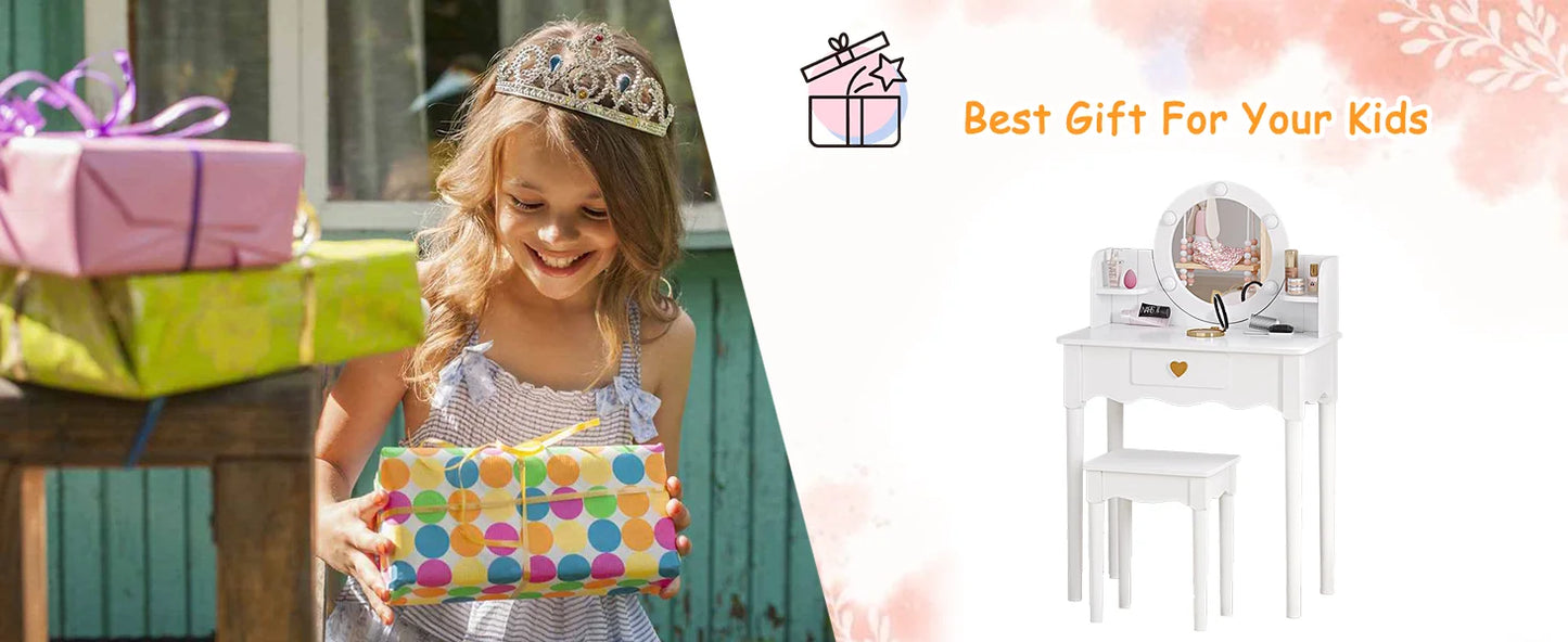 Kids Vanity Set with Mirror Stool Lights for Girls Pretend Play Furniture