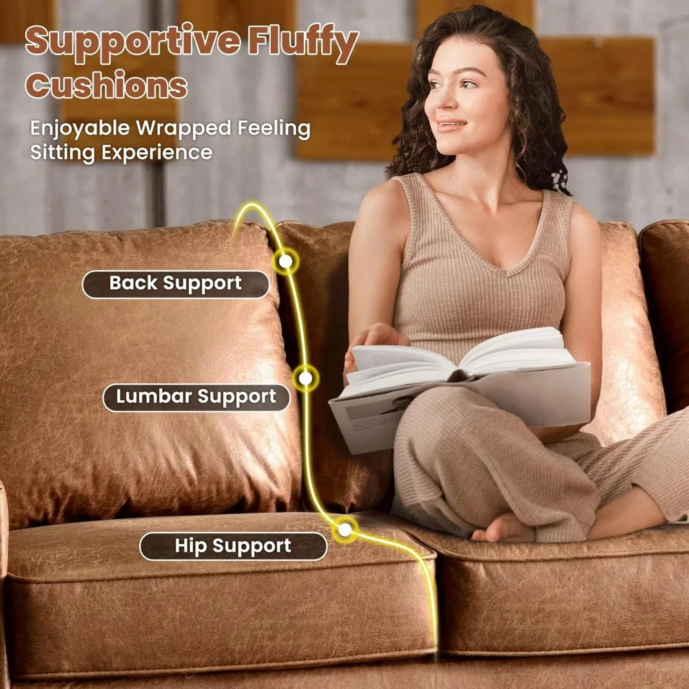 Luxury 3-Seater Suede Faux Leather Sofa Mid-Century Modern Couch