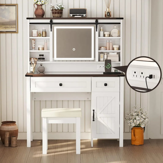 Glasstop Makeup Vanity Desk with Power Outlet Sliding Mirror 42" Farmhouse