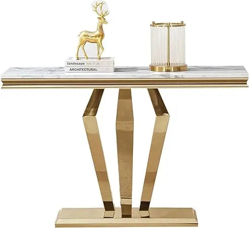 47 Inch White Marble Console Table Modern Stainless Steel D-Base