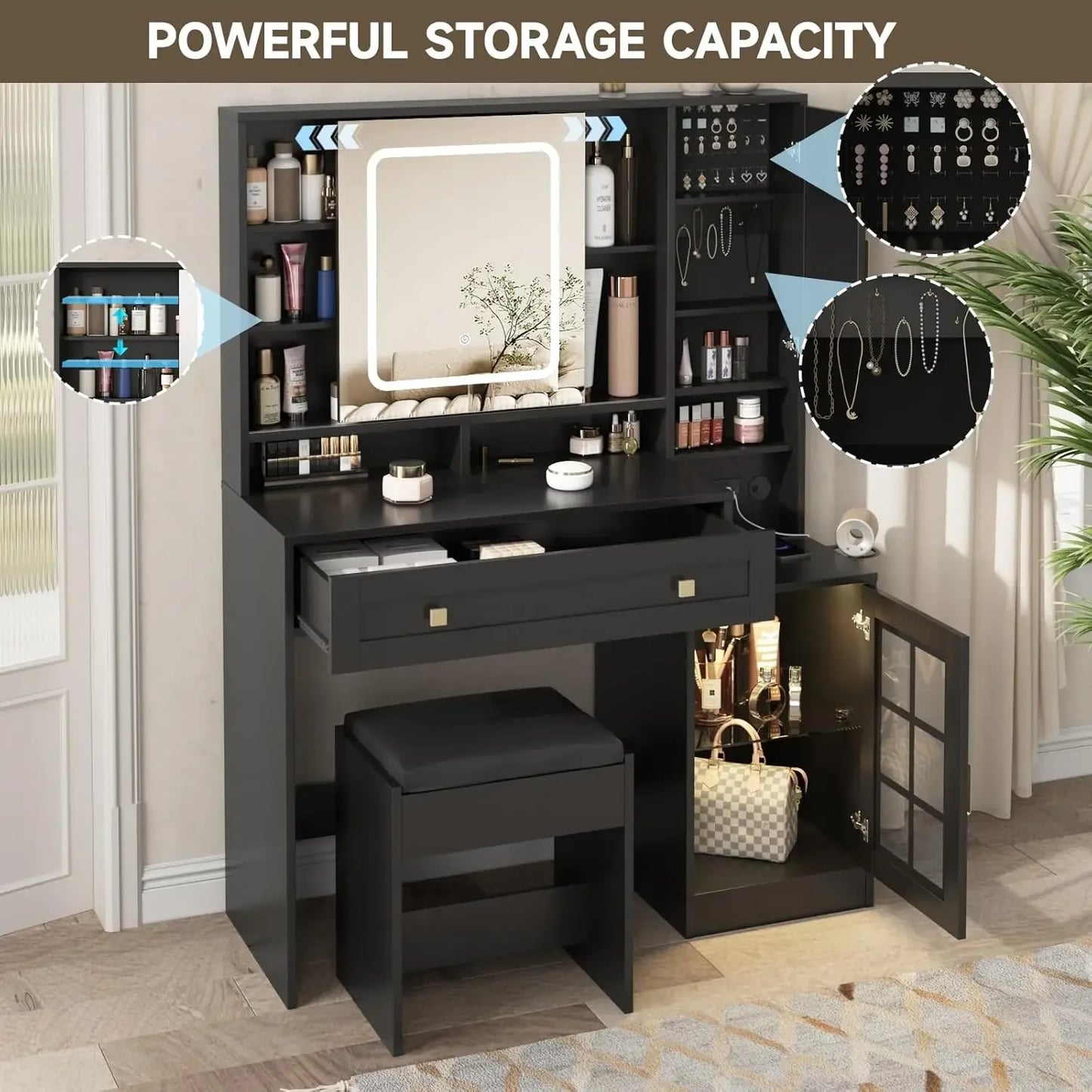 Ljustra Vanity Desk with Sliding Mirror Charging Station Stool Jewelry Storage