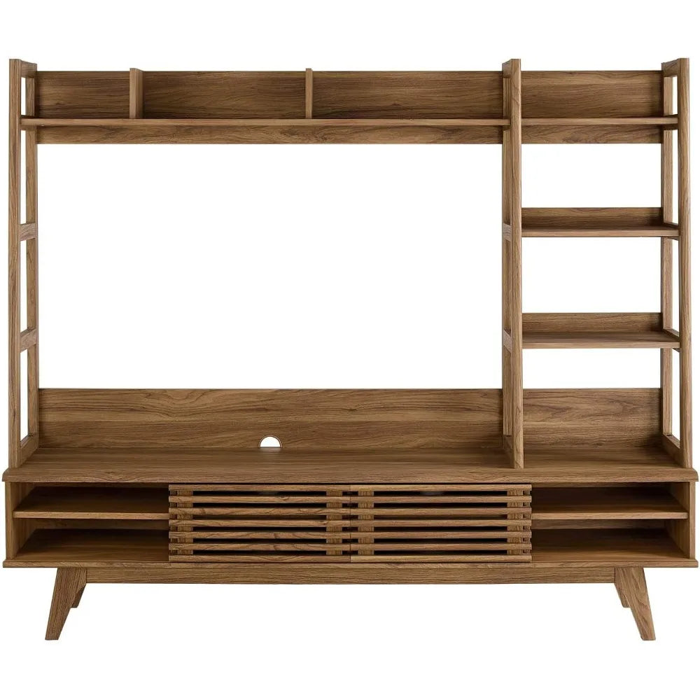 Mid-Century Modern TV Stand Entertainment Center 70 Inch Walnut Wood