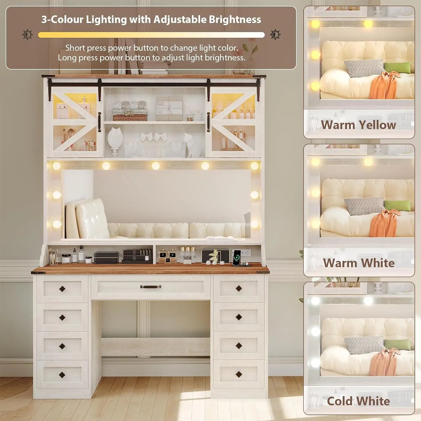 Farmhouse Makeup Vanity Desk with Mirror and RGB Lights 9 Drawer