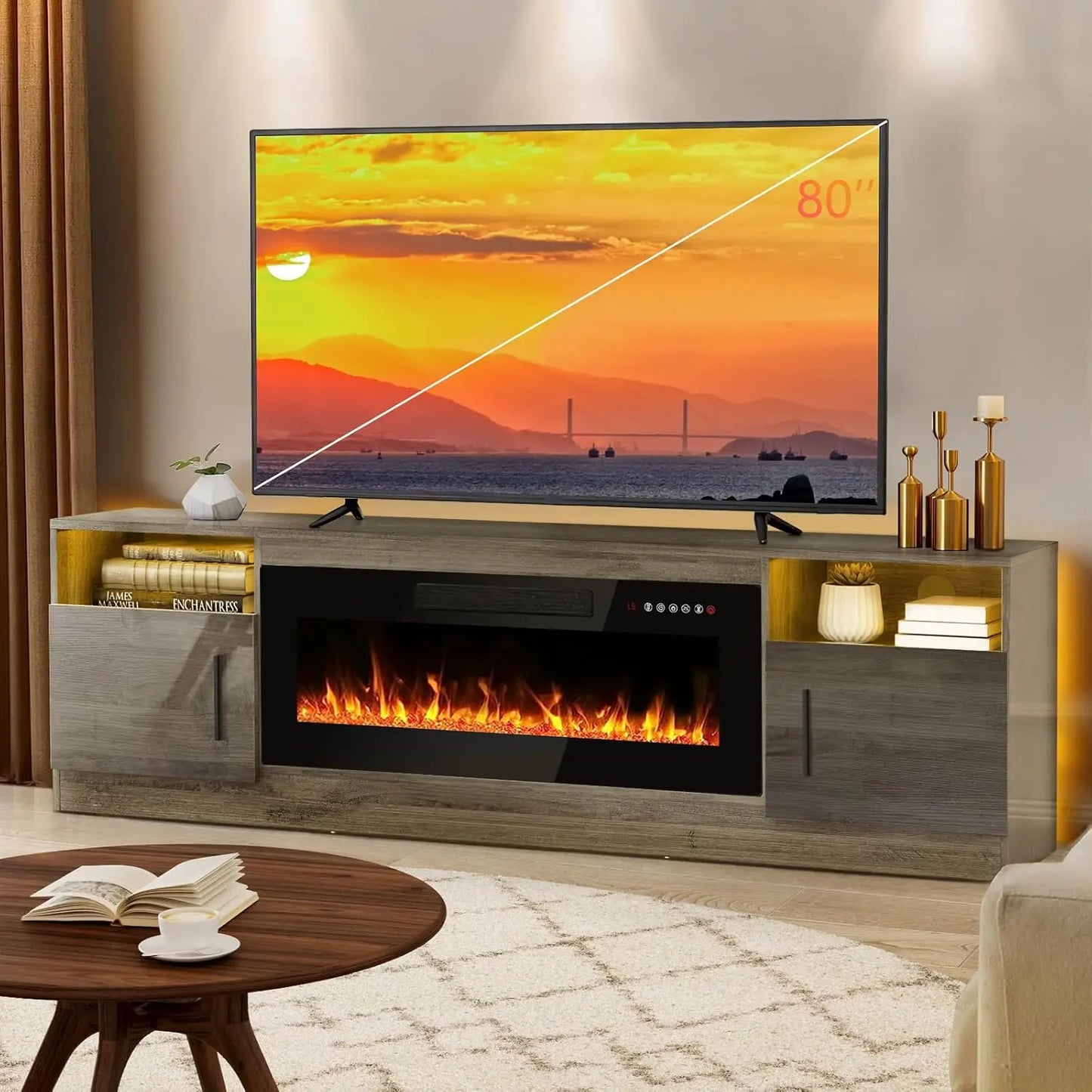Ljustra Fireplace TV Stand for 80 Inch TVs with LED Light and Storage