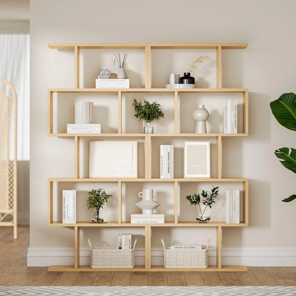 Oak 5-Tier Geometric Bookcase S-Shaped Display Shelf Set of 2