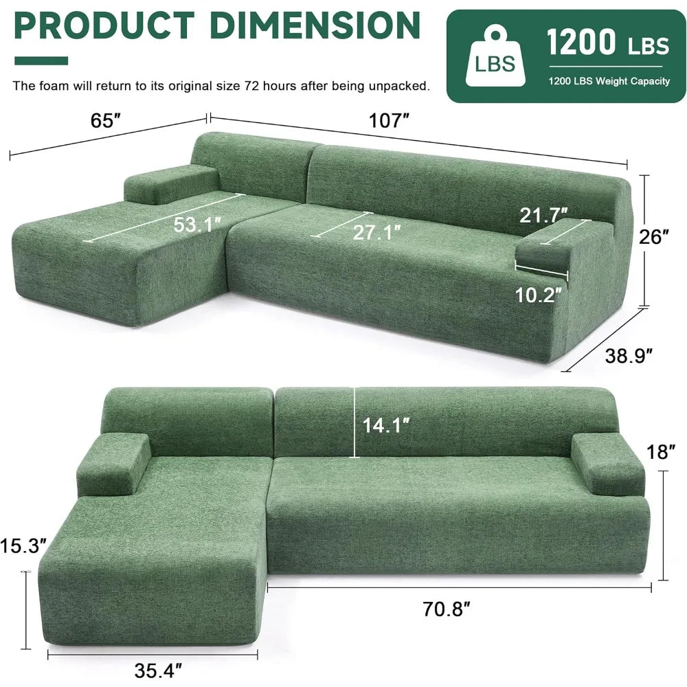 Ljustra Chenille L-Shaped Sectional Sofa, High-Density Foam, Modern Style, Green, 107"