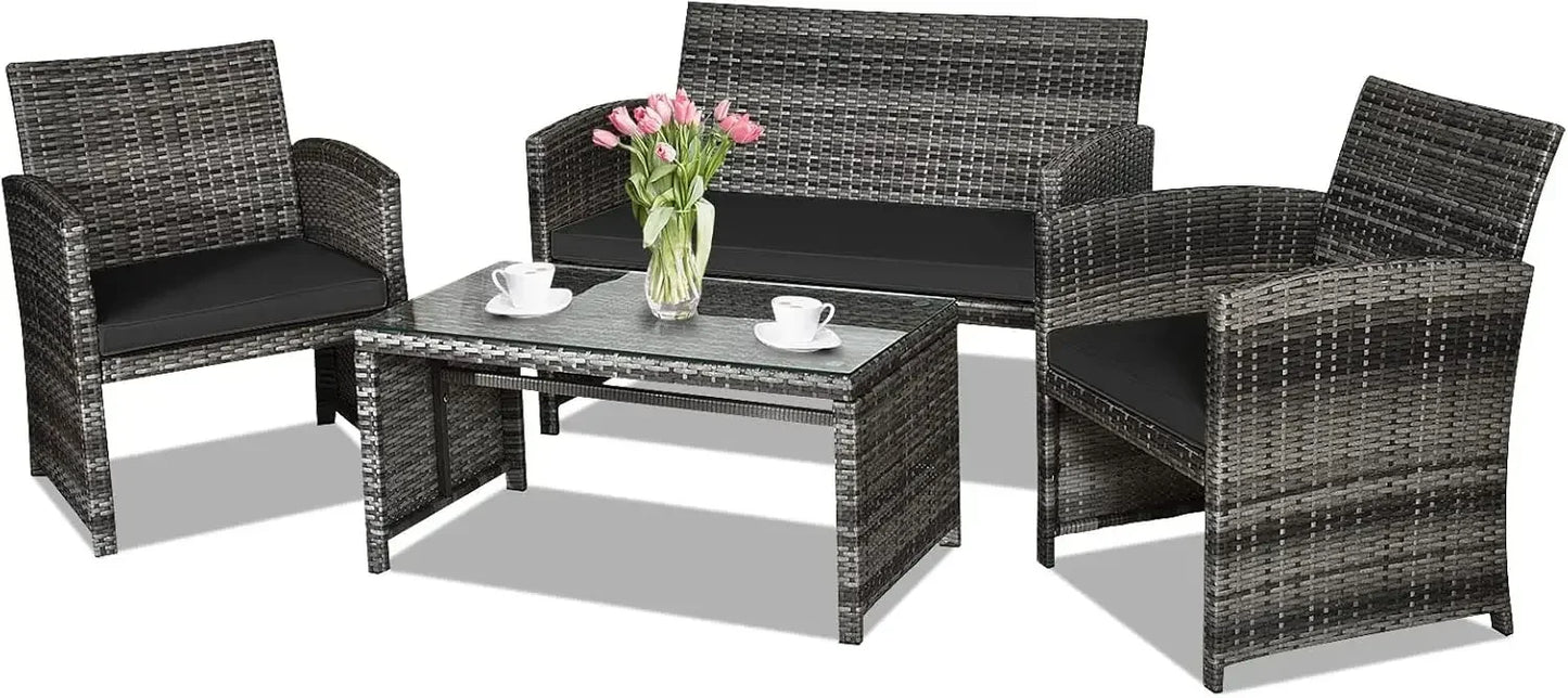 4-Piece Rattan Patio Furniture Set Outdoor Wicker Sofa Coffee Table