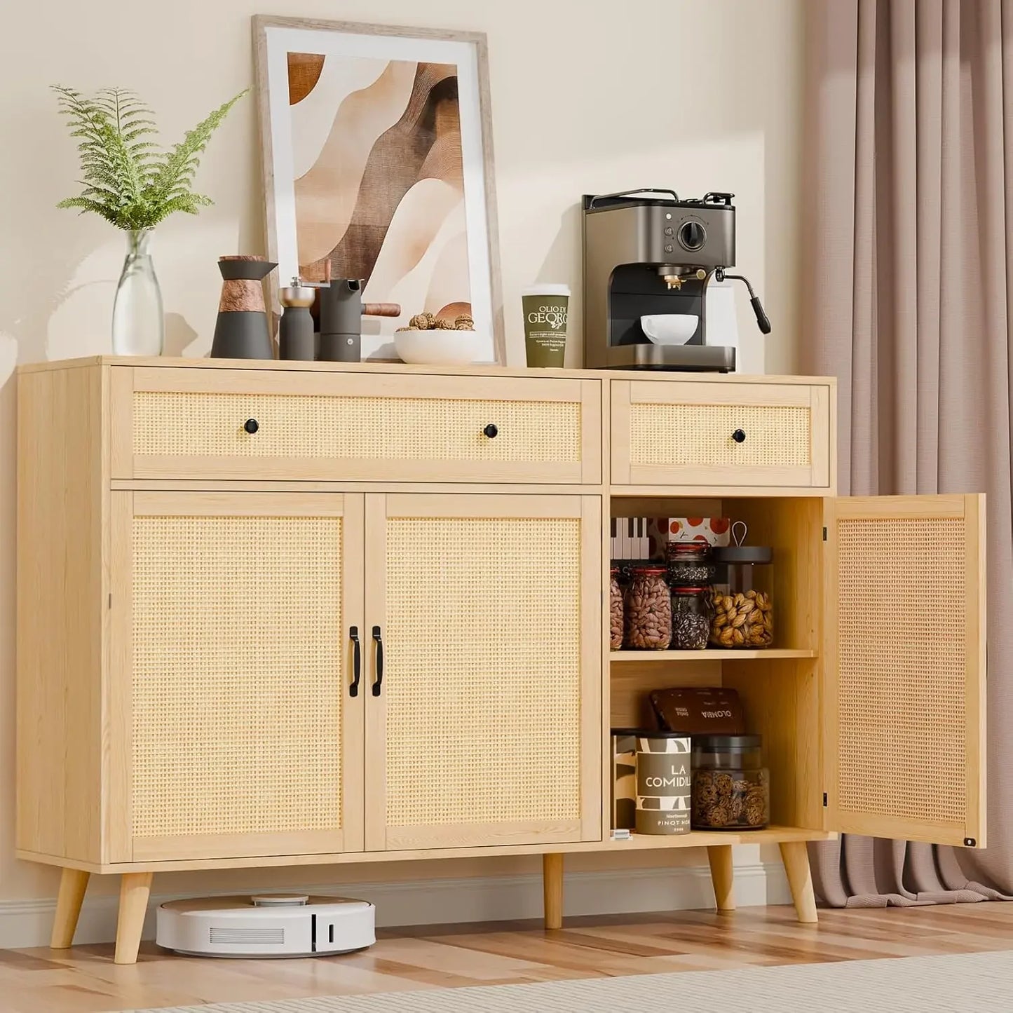 "Sideboard Buffet Storage Cabinet, Rattan Design with 2 Drawers & 3 Doors – Versatile Buffet Table for Kitchen, Dining & Living