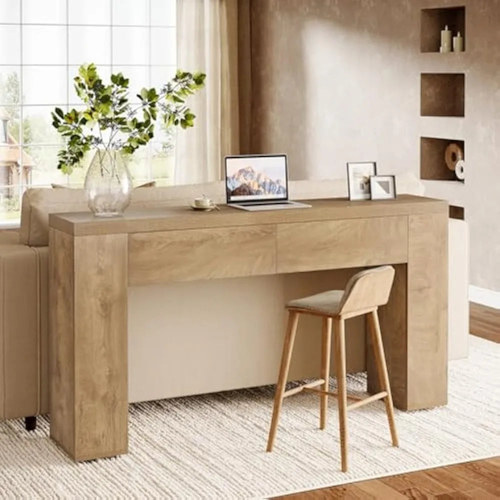 63 Inch Wooden Console Table with Hidden Drawers Rustic Farmhouse Style