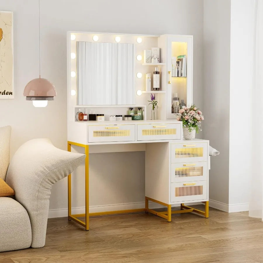 Women Vanity Desk with Mirror and Lights Makeup Table 5 Drawers 40 Inch