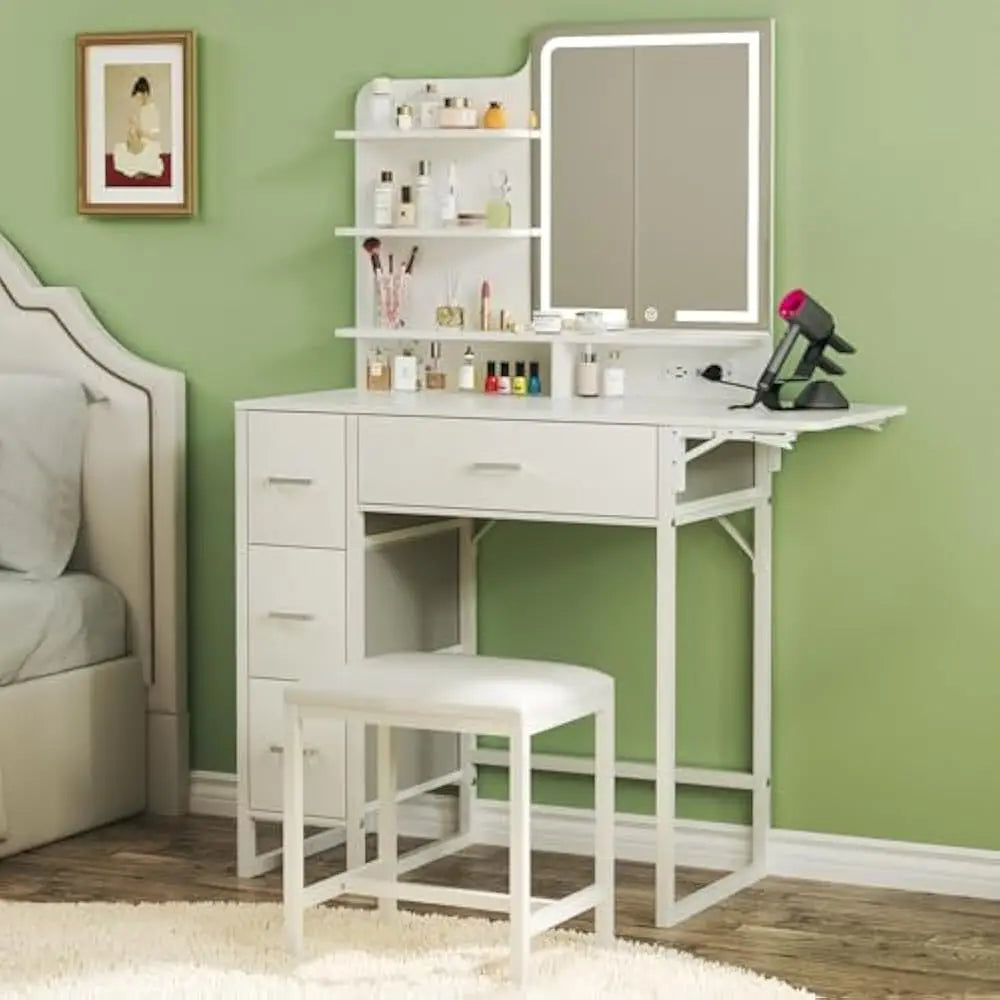 Makeup Vanity Desk with Foldable Panel Mirror Light and Storage