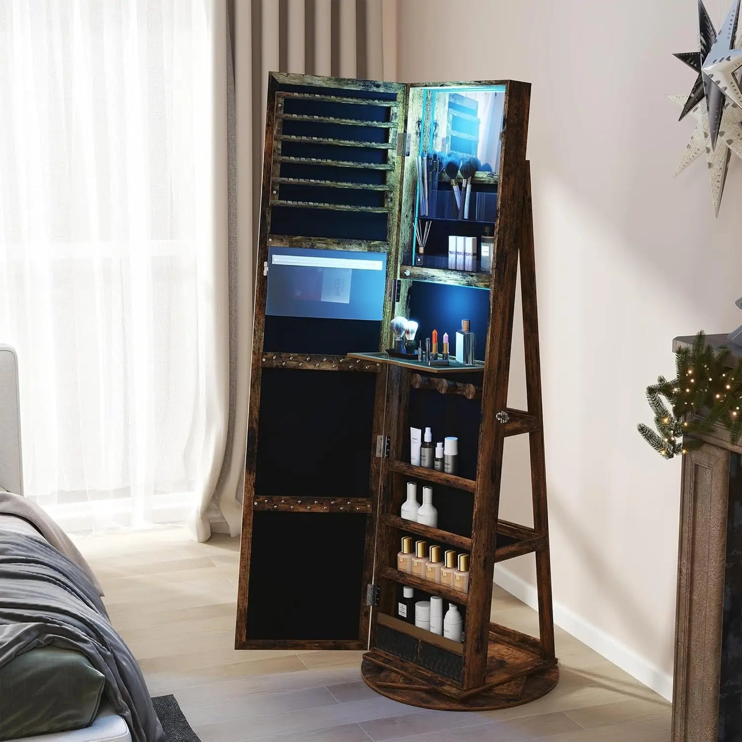 360 Degree Swivel Jewelry Armoire Lockable Cabinet with LED Light