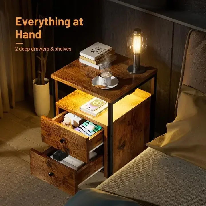 Nightstand with LED Light Charging Station 2 Drawers Rustic Wood Table
