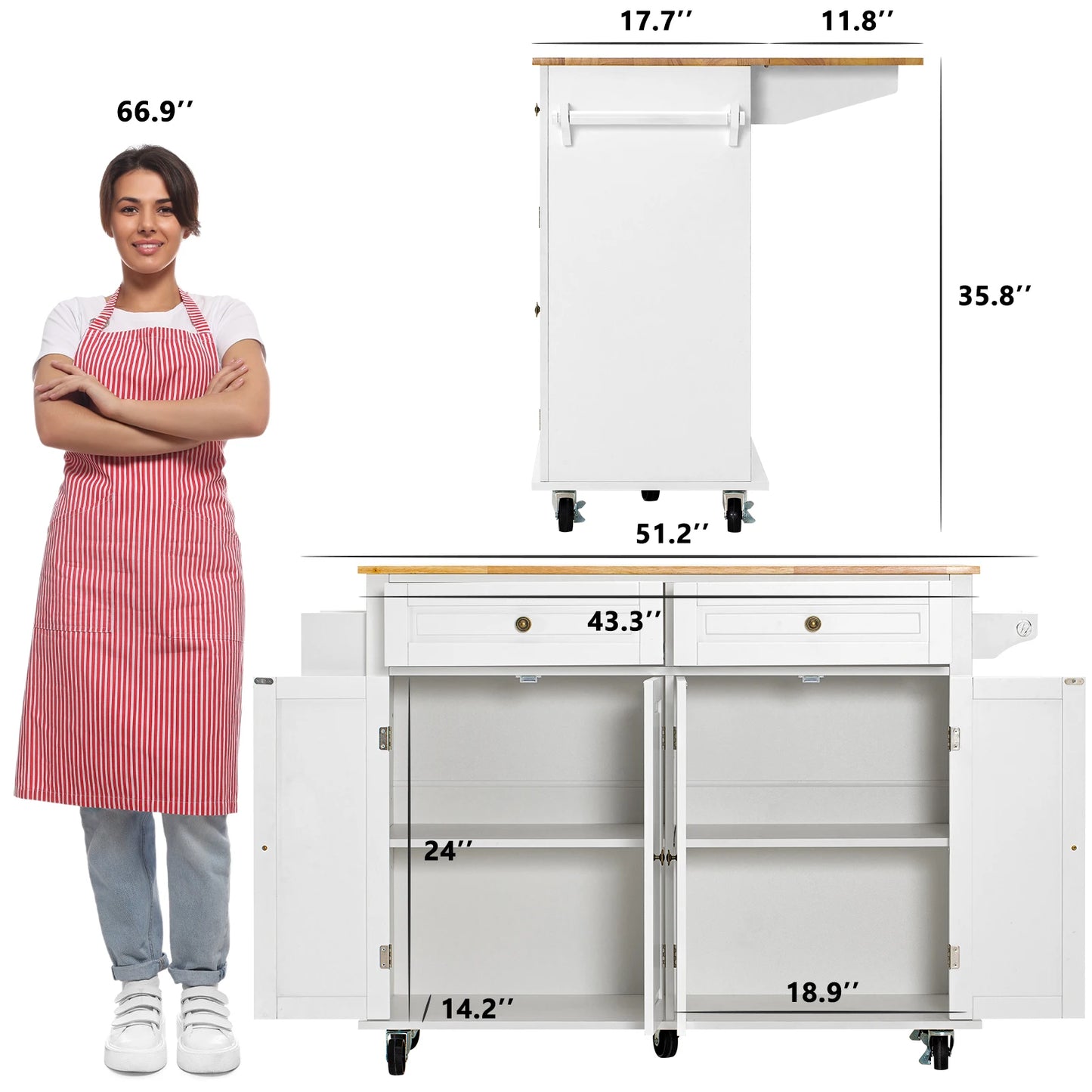 Rolling Kitchen Island on Wheels with Drop Leaf Storage Cabinet