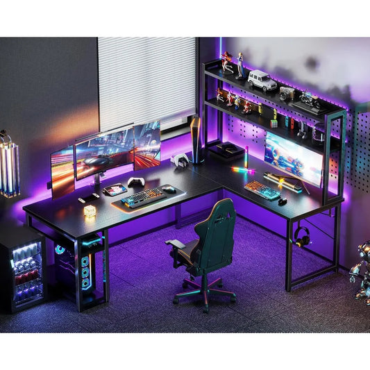 L Shaped Gaming Desk with Hutch Storage Shelves Home Office Corner Desk