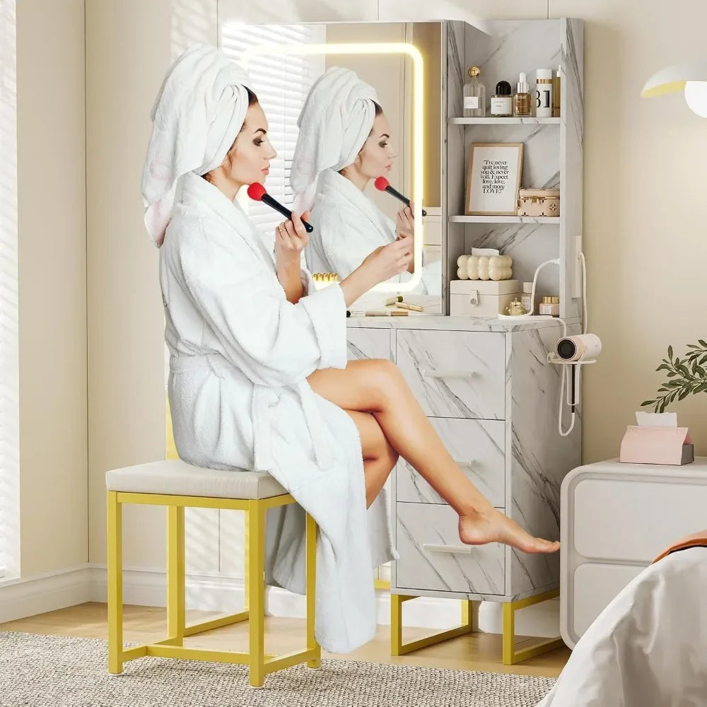 Modern Vanity Set LED Lighted Mirror USB Charging Station Dressing Table