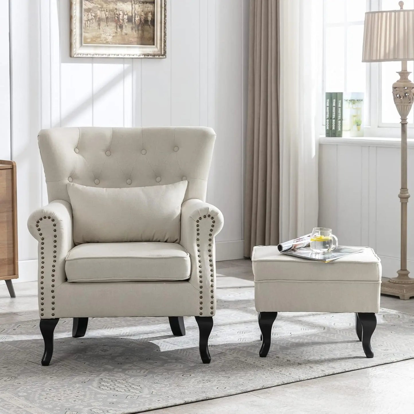 Mid Century Modern Accent Chair Upholstered Armchair with Ottoman