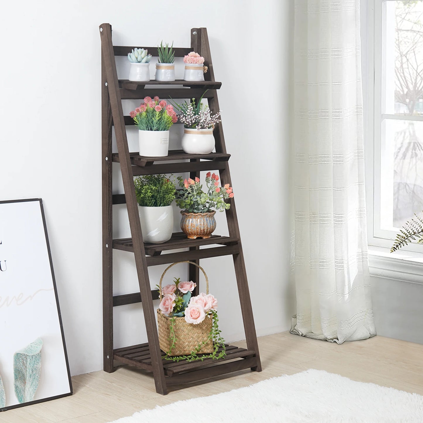 Rustic Wood Plant Stand 43" Foldable 4-Shelf Indoor Outdoor Rack