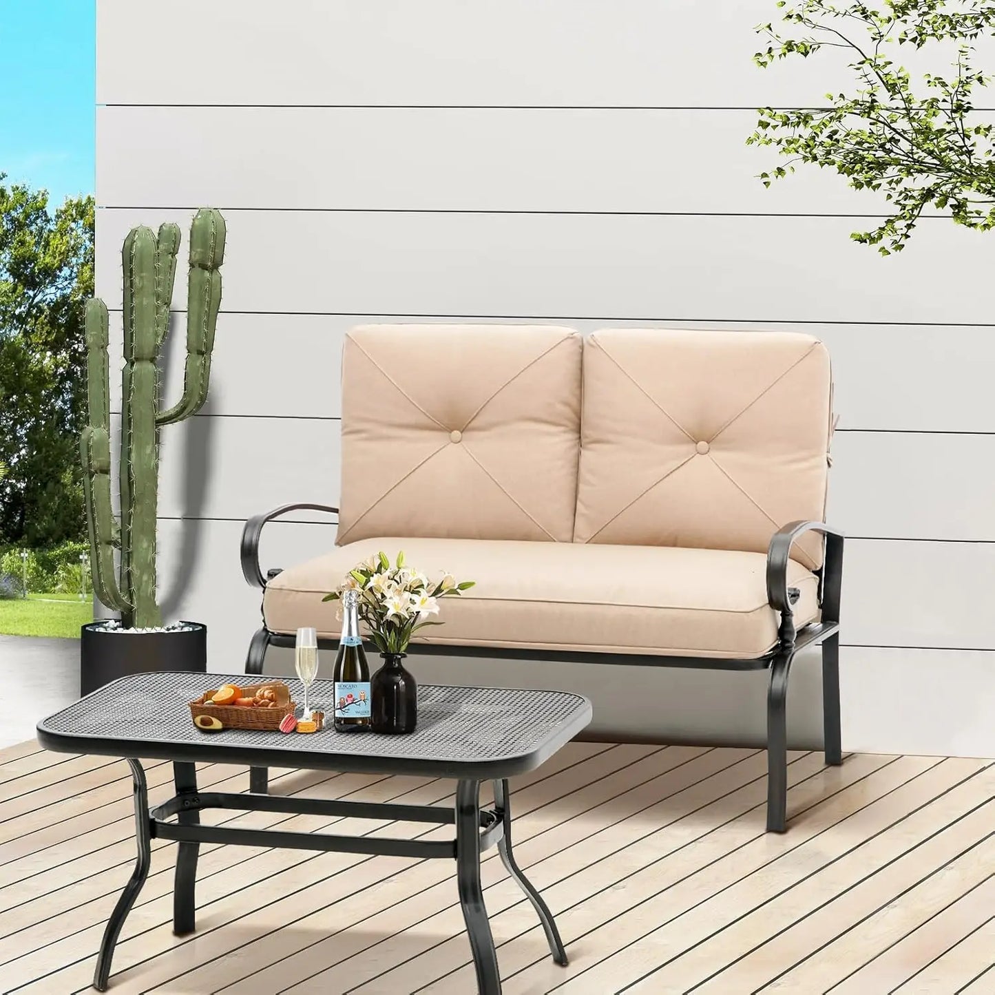 Outdoor Patio Loveseat Set with Thick Cushions and Coffee Table