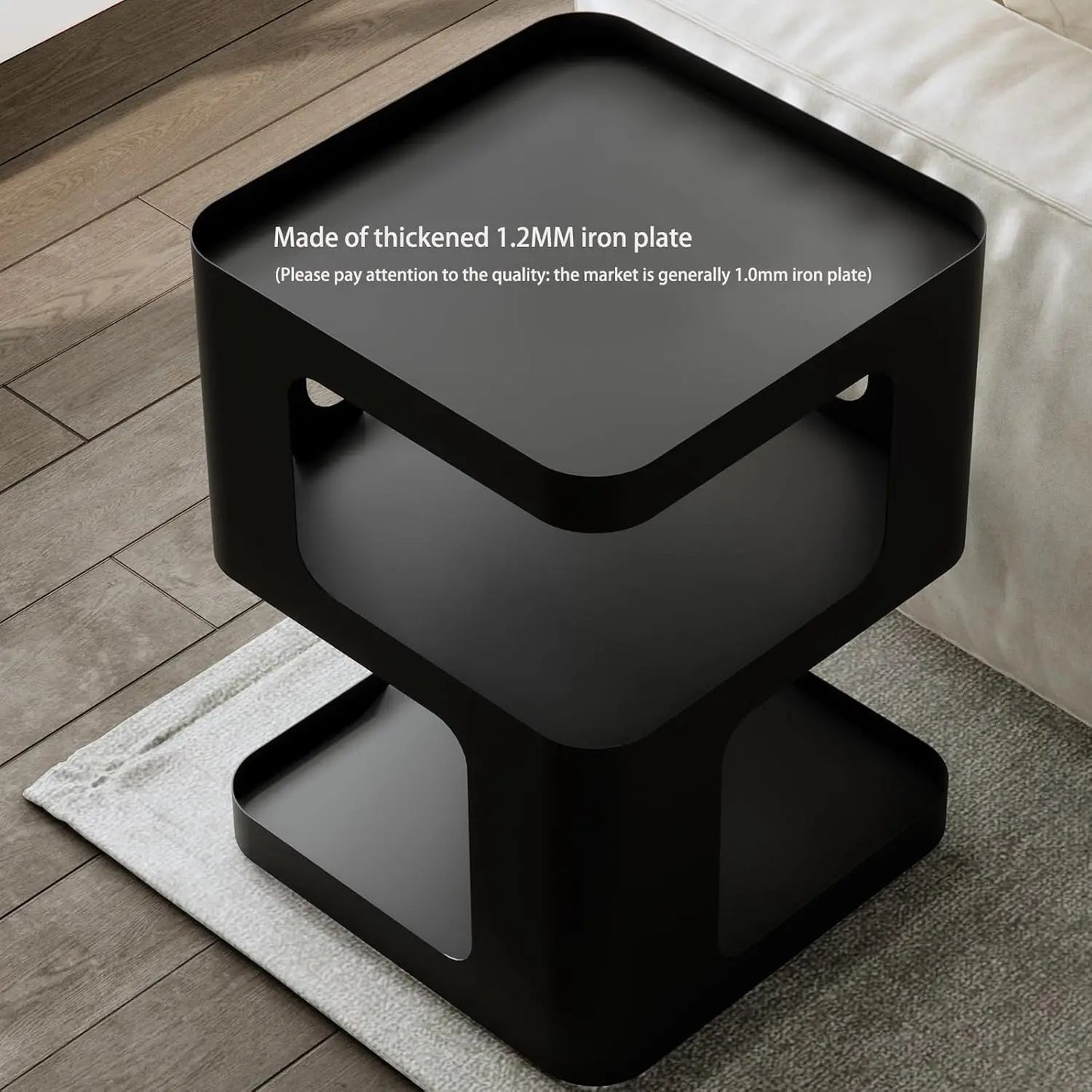 Modern Unique Nightstand Black Metal Side Table with Storage for Bedroom