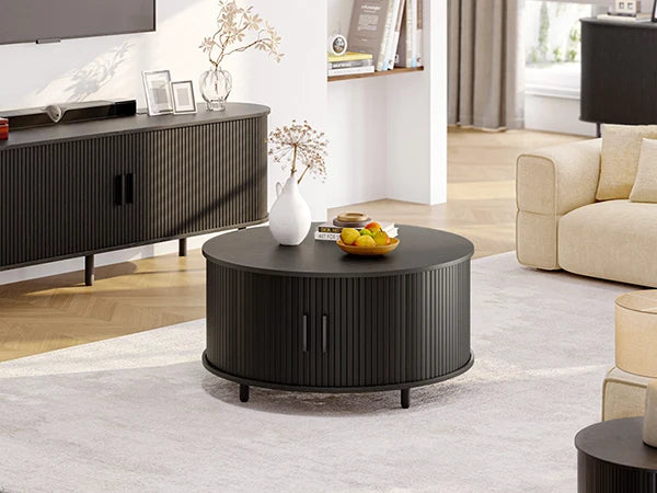 Round Coffee Table with Storage Modern 31.5 Inch Fluted Wood Accent