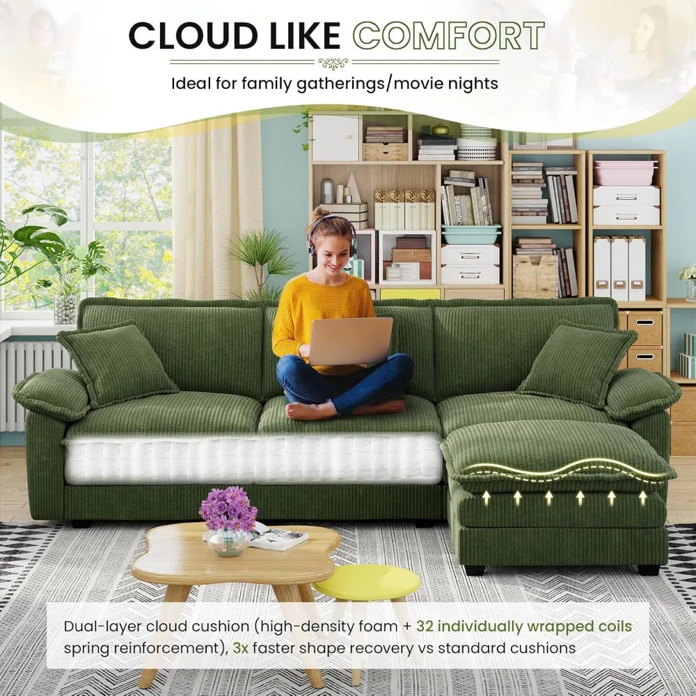Comfy Corduroy Modular Sectional Couch with Ottoman 113" Cloud Cushion