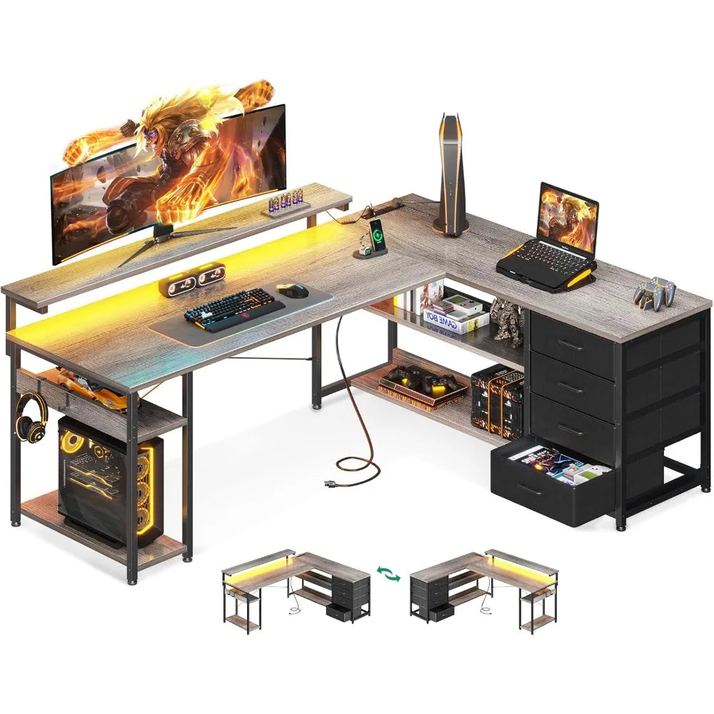 61 Inch L Shaped Desk with Drawer Power Outlets LED Lights Home Office