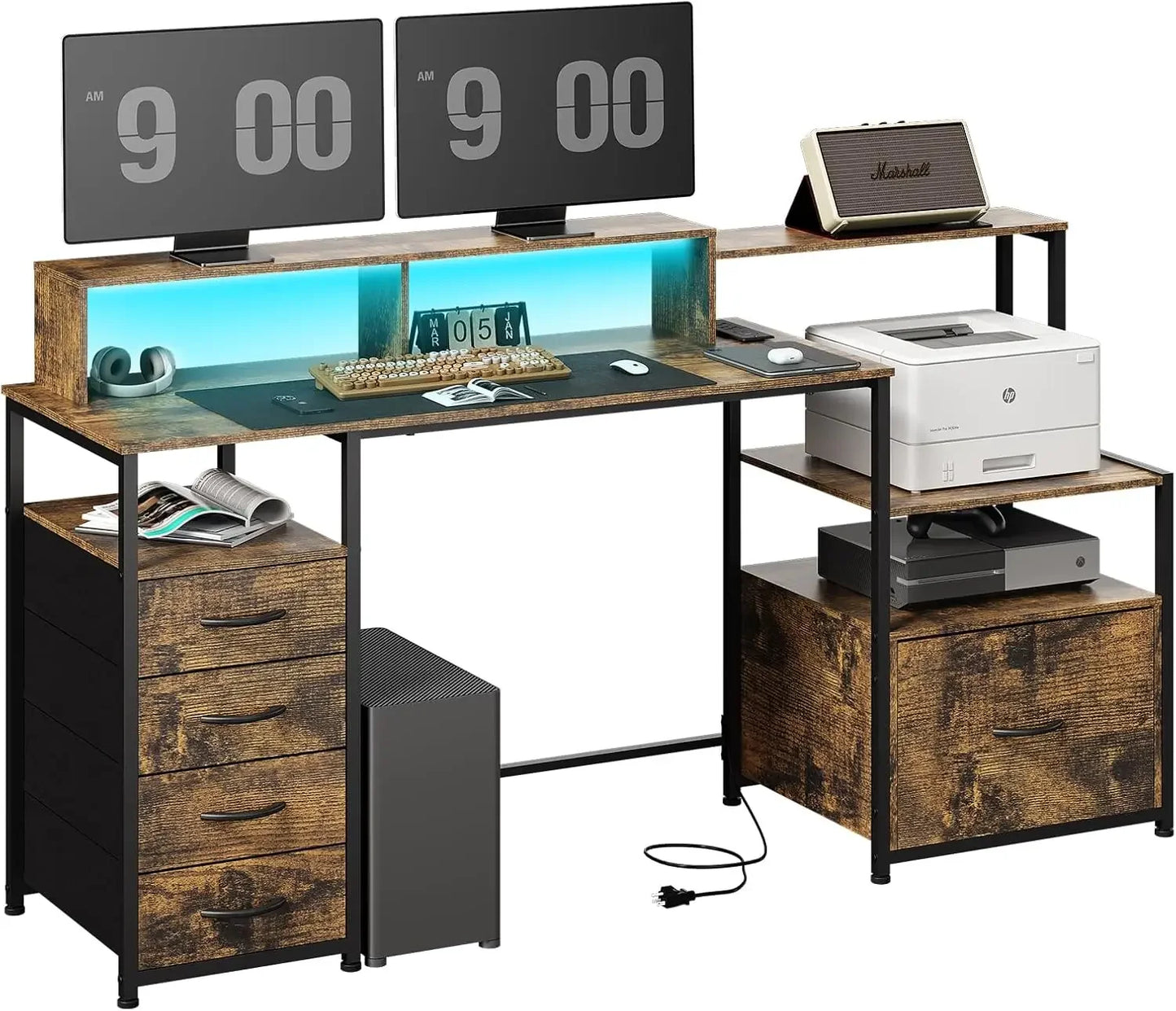 67 Inch Modern Computer Desk with Drawers Power Outlet LED Lights Gaming