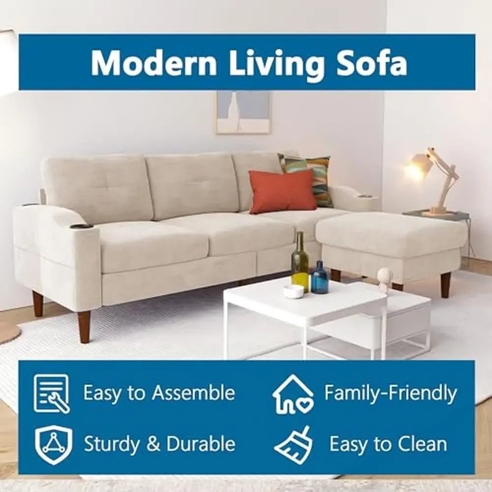 Modern L-Shape Sofa Sectional Couch with USB Port and Storage Ottoman