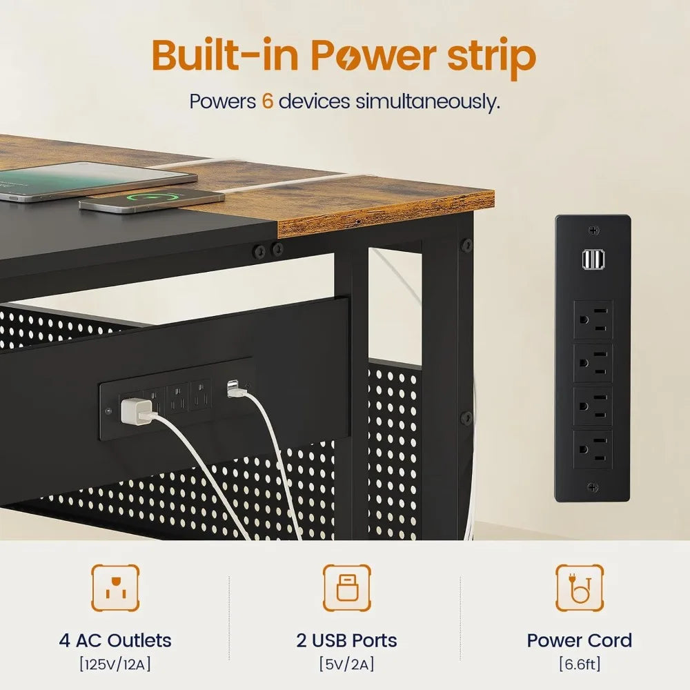 L Shaped Executive Desk with Power Outlets & Storage for Home Office