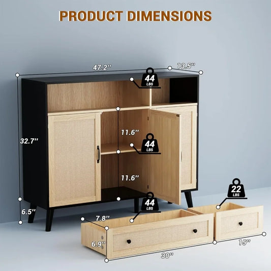 "Sideboard Buffet Storage Cabinet, Rattan Design with 2 Drawers & 3 Doors – Versatile Buffet Table for Kitchen, Dining & Living