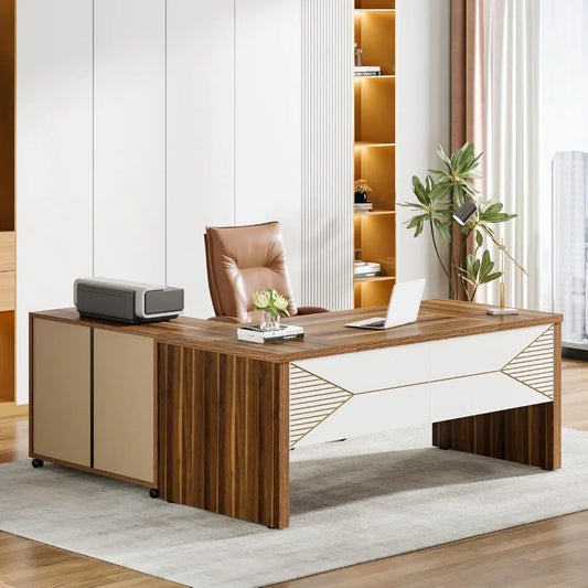 L-Shaped Executive Desk with Mobile Filing Cabinet for Home Office