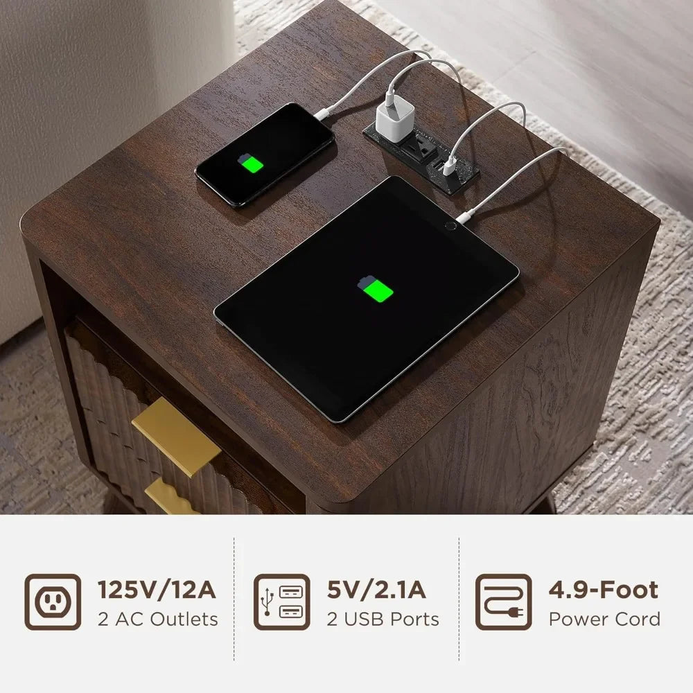 Fluted Nightstand with Charging Station Modern Side Table 18 Inches
