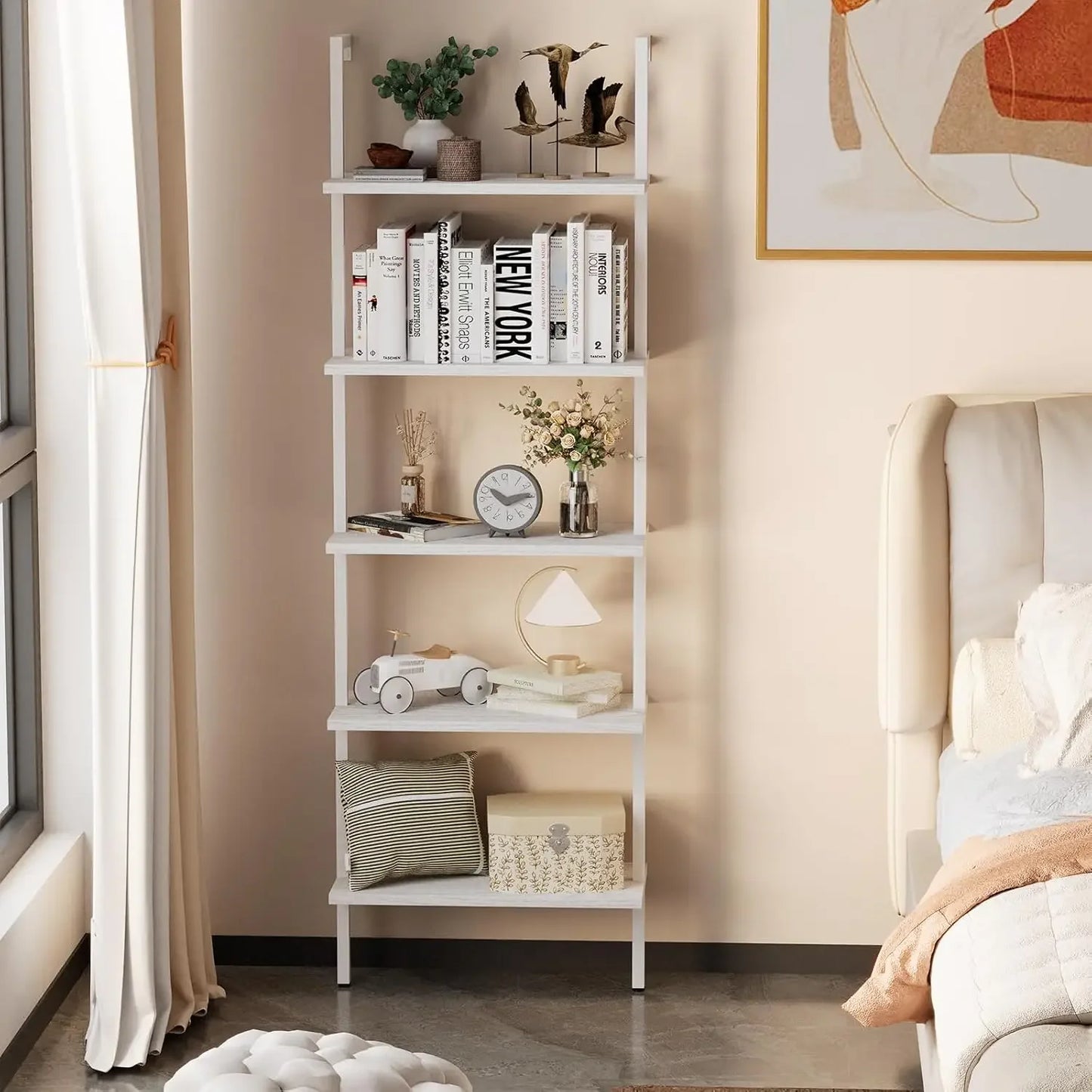 Ladder Shelf 5-Tier Wooden Bookshelf Wall-Mounted Plant Stand Utility
