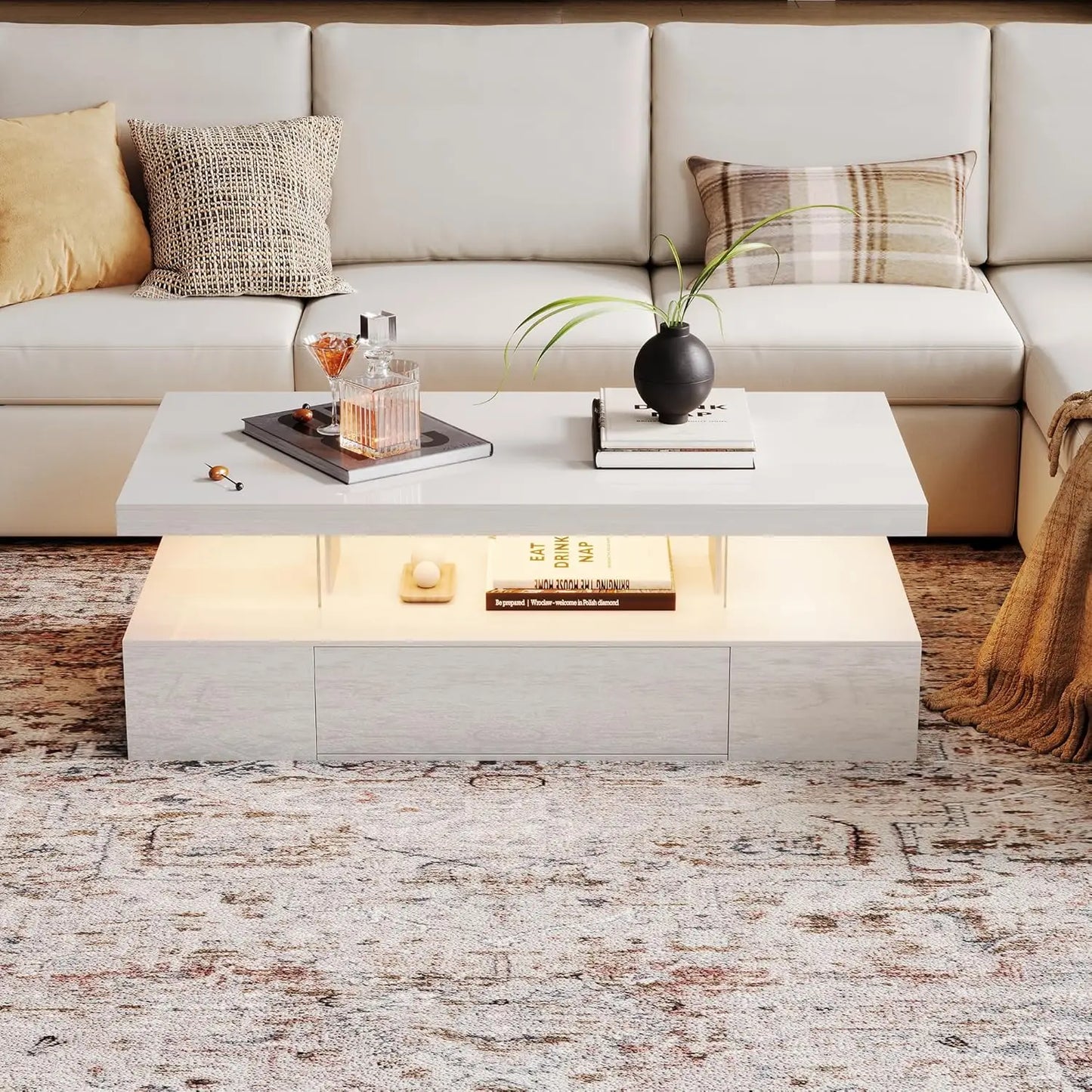 Modern LED Coffee Table High Gloss Storage Drawer Living Room Bedroom