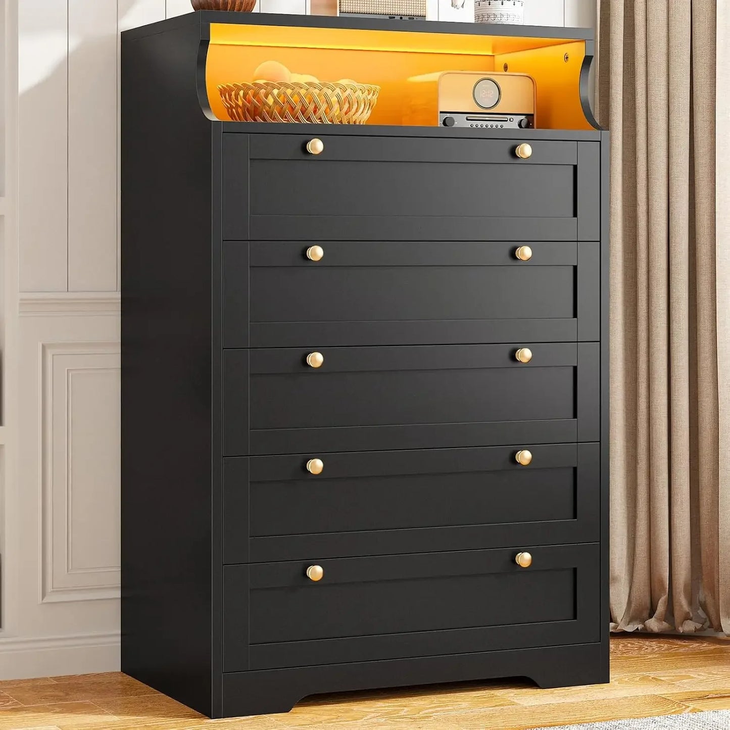 Ljustra 5 Drawer Tall Dresser with LED Lights for Bedroom Storage