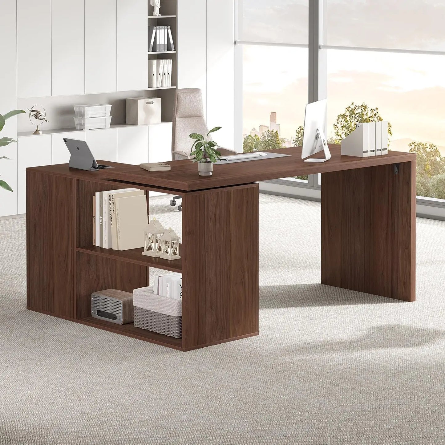 360 Degree Rotating L Shaped Computer Desk with Drawers and Shelves
