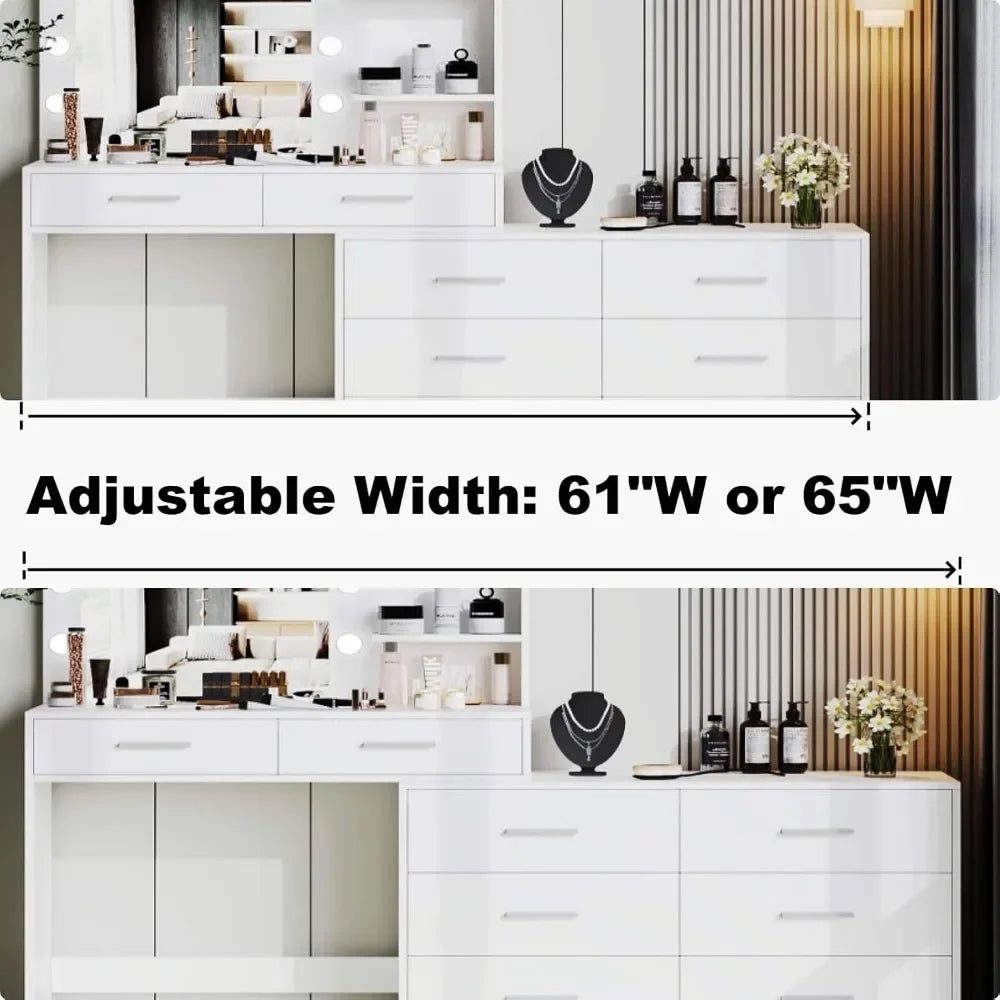 Ljustra 65 Inch Vanity Desk Lighted Mirror 8 Drawers Makeup Table