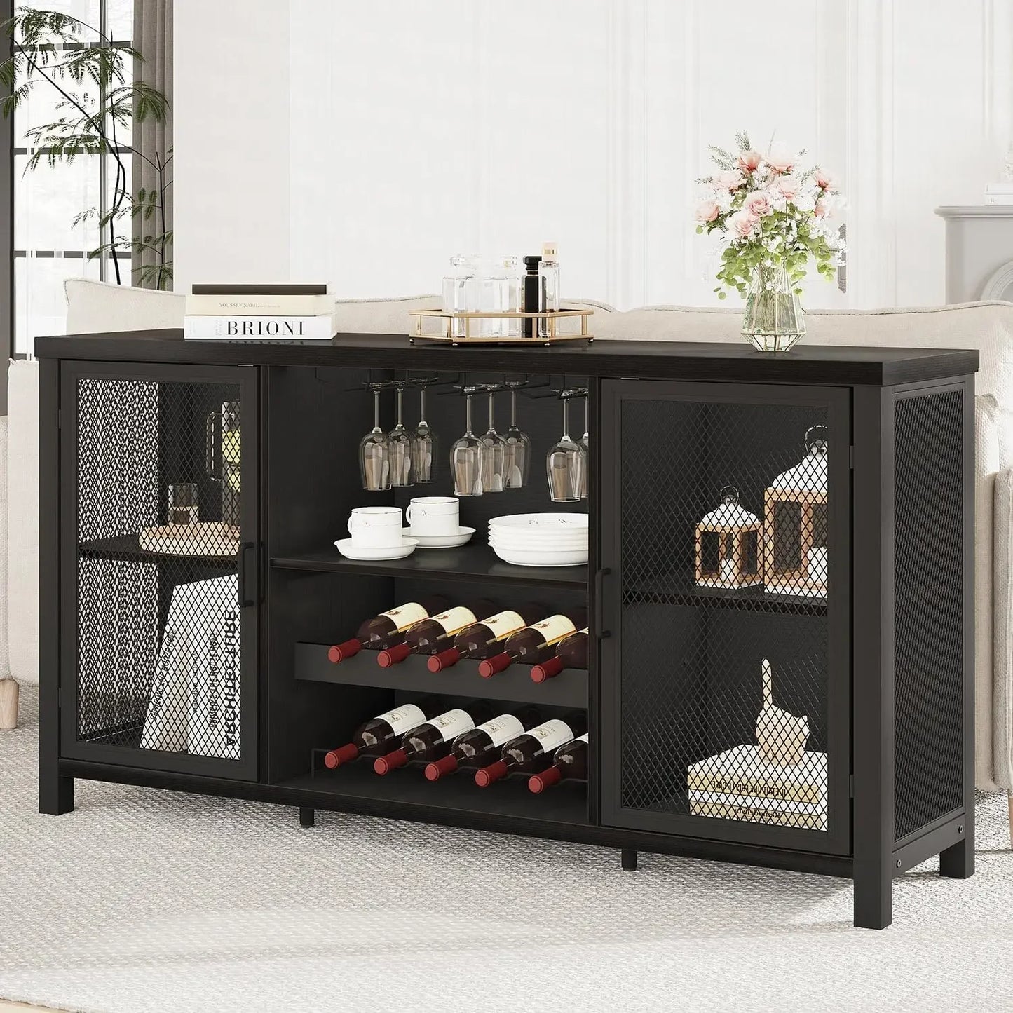 Black Wine Bar Cabinet Coffee Bar Cabinet with Storage Farmhouse Buffet
