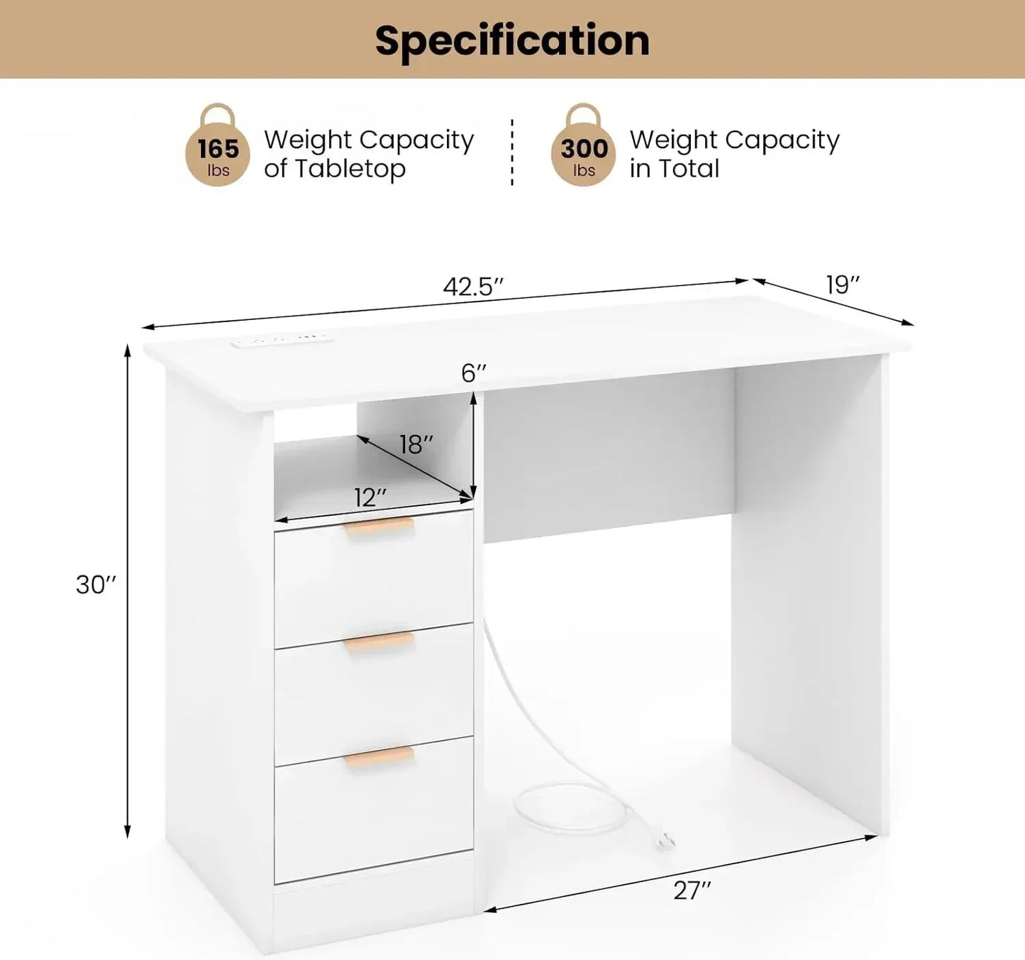 Modern Home Office Desk with 3 Drawers and Built-in Charging Station