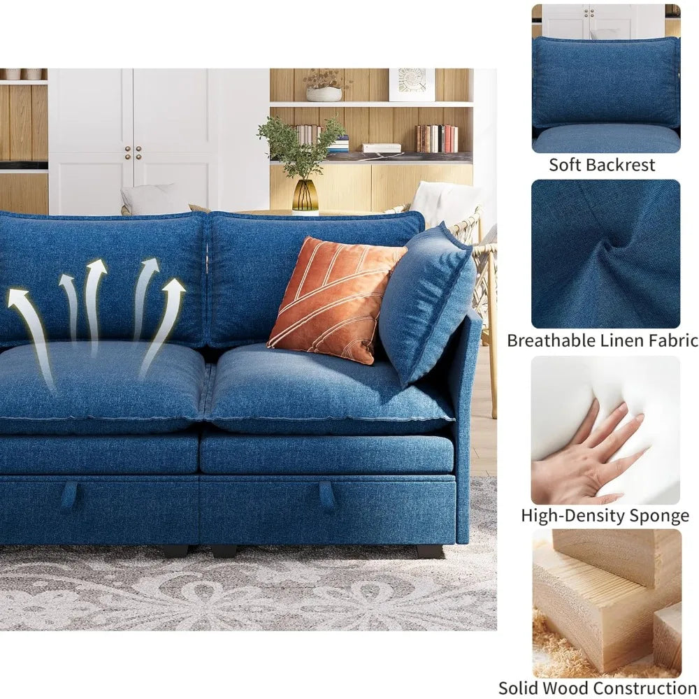 115” U-Shaped Modular Sofa Blue Sectional w/ Storage 6-Person Seating