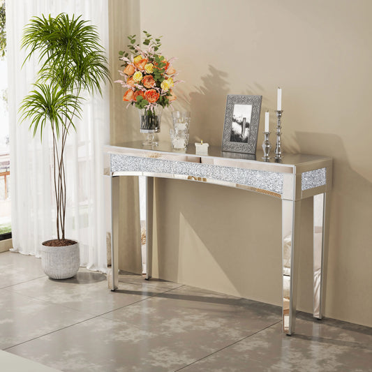 47.2 Inch Mirrored Console Table Silver Sofa Table with Crystal Inlay