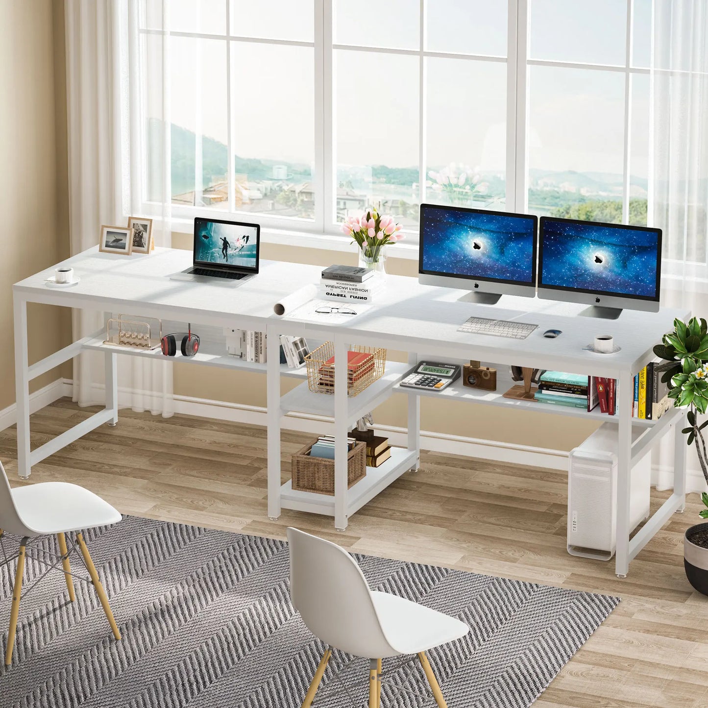 Ljustra Two Person Desk with Bookshelf Rustic Home Office Workstation