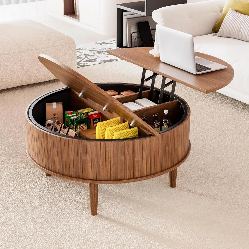 Round Lift Top Coffee Table with Storage Mid Century Modern Design