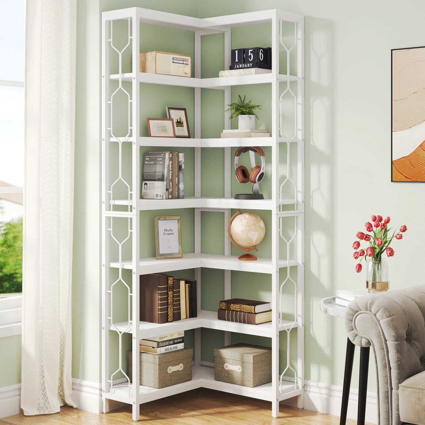 Ljustra 7-Tier Industrial Corner Shelf Wood Metal Bookcase Display Unit