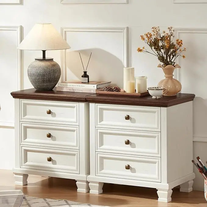 Rustic Farmhouse Nightstand Set of 2 with 3 Drawers and Solid Wood Legs