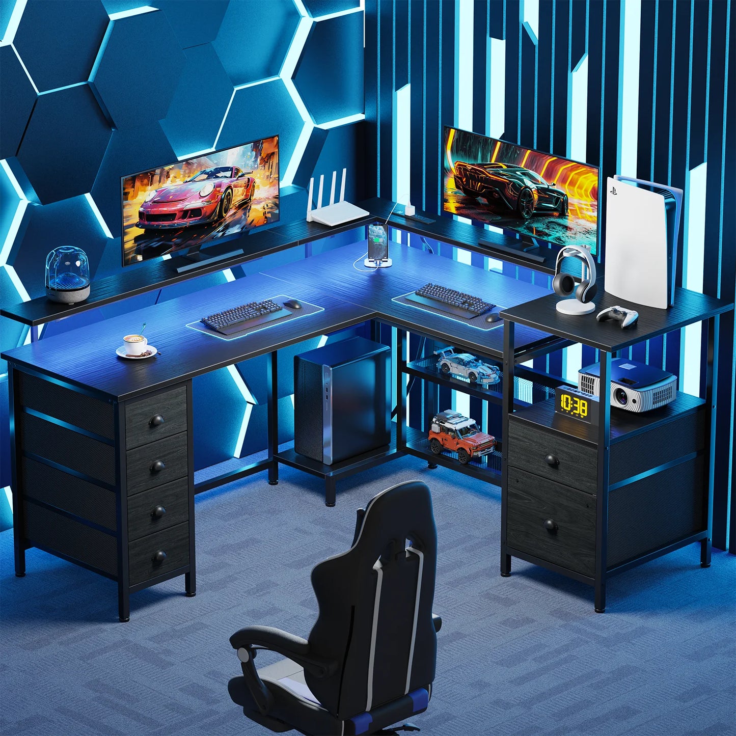 Ljustra 67 Inch Office Desk with Power Sockets LED Lights Adjustable Storage