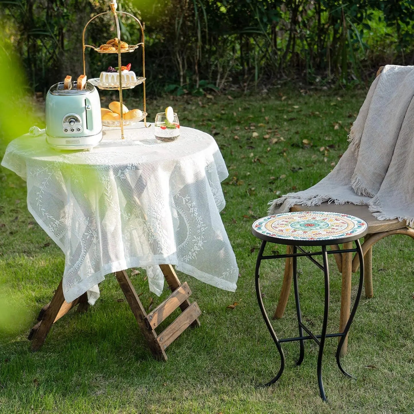 21 Inch Mosaic Plant Stand Round Side Table Indoor Outdoor Accent Table