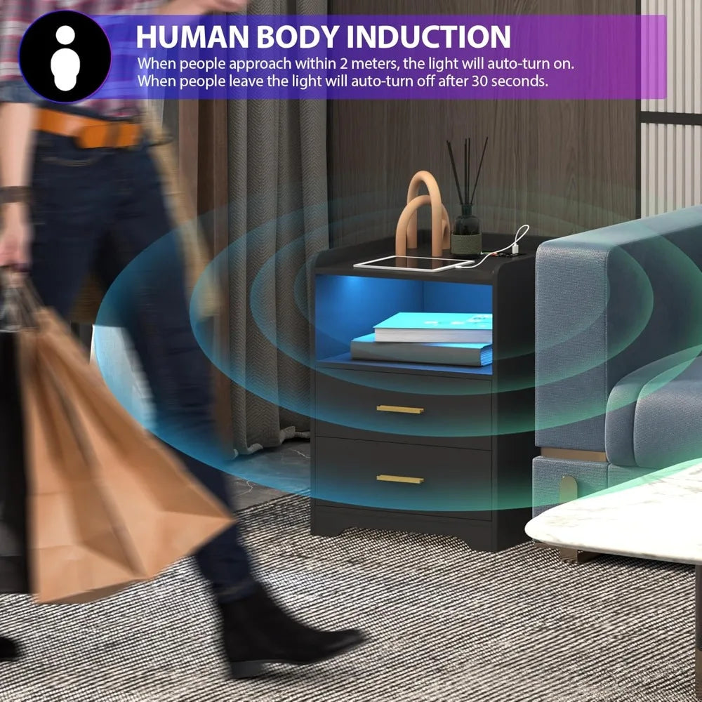 LED Nightstand with Charging Station Modern RGB Bedside Table